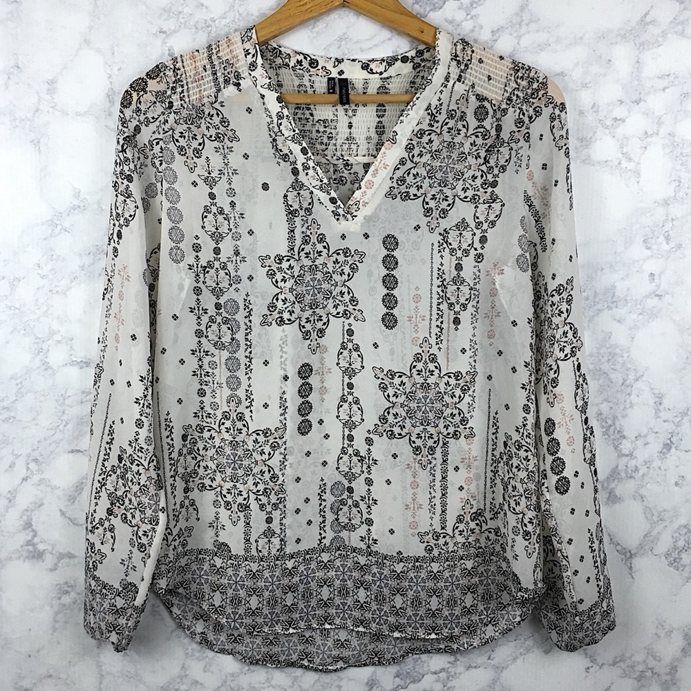 Maurice’s White Pink V Neck Long Sleeve Blouse